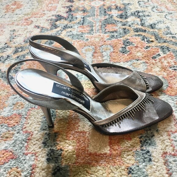 STUART WEITZMAN Vintage Silver Leather Crystals Mesh Slingback Pumps Heels 7N - Picture 6 of 16